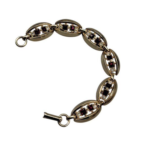 Gold Plated Oval Link Rhinestone Tennis Bracelet Red & Clear Glass Stones SZ 7 - Picture 5 of 12